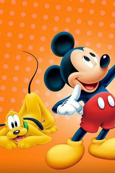 the mickey mouse and pluto character are in front of an orange background with polka dots