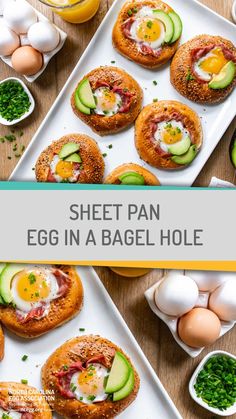 an egg in a bagel hole on a plate next to eggs and other ingredients