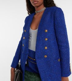 Tweed blazer in blue - Saint Laurent | Mytheresa Tweed Blazer, Color Names, Long A Line, Shoulder Pads, Double Breasted, Saint Laurent, Color Design, Online Store, Blazer