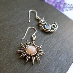 Free Shipping on Bohemiam Wire Wrap Sun and Moon Earrings with Crystals. Sun And Moon Earrings, Bohemian Sun, Abstract Star, Boho Style Jewelry, Celestial Jewelry, Moonstone Earrings, Earrings Women, Crystal Drop Earrings, Moon Earrings