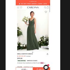 a woman in a green dress is on the website for an online store that sells dresses