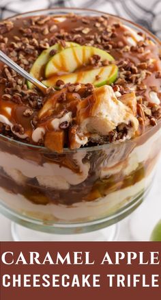 caramel apple cheesecake trifle in a glass dish