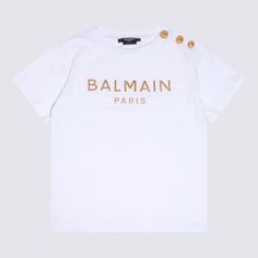 White cotton T-shirt from Balmain featuring a crew neck, short sleeves, gold-tone logo print, button fastening at the shoulder and straight hem.Composition: _, 100% Cotton Gold T-shirt With Letter Print For Summer, Gold Crew Neck Top With Logo Print, Gold Cotton Tops With Logo Print, Casual Gold T-shirt With Logo Print, Gold Letter Print Top For Summer, Gold Letter Print Tops For Summer, Balmain Blazer, Kenzo Kids, Stella Mccartney Kids