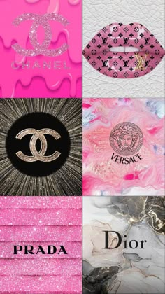 pink and black collage with the word prada on it