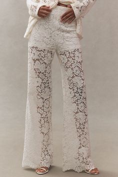 Made from SANS FAFF's in-house sheer floral lace fabrication, the London Lace Flared Pants are fitted at the waist and hips, gradually flaring into a bell-bottom silhouette. | London Lace Flared Pants by SANS FAFF in White, Women's, Size: Smallmall, Cotton at Anthropologie Bridal Pants Outfit, Lace Pants Outfit, Lace Flare Pants, White Bell Bottoms, White Lace Pants, Bridal Pants, Upcycled Ideas, White Pants Outfit, White Lace Skirt