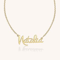 With subtle and graceful personalized script details, the Natalia captures the essence of Everyday Extraordinary in all the right ways. Luxury 14k Gold Customizable Necklace, Customizable Luxury 14k Gold Necklace, Customizable Luxury Yellow Gold Necklaces, Luxury Customizable 14k Gold Necklace, Luxury Sterling Silver Name Necklace For Formal Occasions, Luxury Sterling Silver Name Necklace For Formal Events, Classic Yellow Gold Custom Necklace, Formal Sterling Silver Name Necklace, Classic White Gold Name Necklace