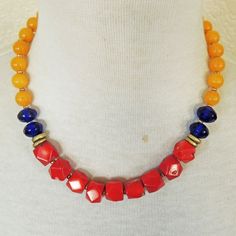 - New & Handmade - Materials: Red Coral Beads, Blue Recycled Glass Beads, Golden Yellow Agate, Gold-Plated Lobster Clasp - Length: Necklace: 18" From End To End Boho Necklace Mustard Yellow Bold Colorful Beads Jewelry Gift, Vibrant Colorful Beaded Jewelry Gift, Vibrant Orange Jewelry For Festival, Vibrant Orange Festival Jewelry, Unique Red Beaded Necklace With Faceted Beads, Vibrant Beaded Adjustable Necklace, Vibrant Adjustable Beaded Necklace, Artisan Red Faceted Beads, Vibrant Orange Round Bead Jewelry