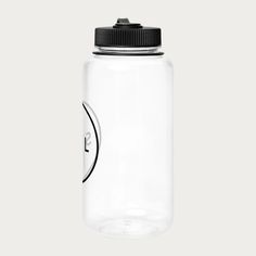 a clear water bottle with a black lid