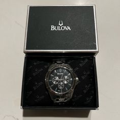 Bulova Men’s Watch Never Worn. Black Face, Silver Band. Classic Silver Chronograph Watch For Formal Occasions, Timeless Silver Chronograph Watch For Formal Occasions, Elegant Silver Chronograph Watch With Analog Display, Classic Silver Chronograph Watch With Analog Display, Silver Chronograph Watch With Analog Display, Silver Chronograph Watch With Analog Display For Business, Silver Chronograph Watch With Analog Display As Gift, Formal Silver Watch Accessories With Analog Display, Business Silver Jewelry And Watches With Round Dial