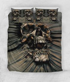 a bed cover with a skull on it