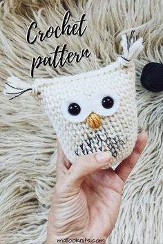 a hand holding an owl crochet pattern in front of a furry rug with text overlay