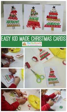 kids are making christmas cards with the help of scissors and glue on them to make it look like they're getting ready to decorate