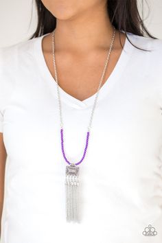 Attached to the bottom of a shimmery silver chain, a row of dainty purple beads gives way to an ornate silver frame radiating with a beaded silver chain fringe for an adventurous look. Features an adjustable clasp closure.

Sold as one individual necklace. Includes one pair of matching earrings. Chain Fringe, Purple Beads, Purple Necklace, Fringe Necklace, Paparazzi Accessories, Paparazzi Jewelry, Short Necklace, Silver Frame, Necklace Earring Set