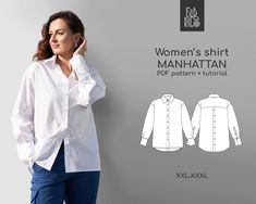 woman's shirt manhattan sewing pattern - front and back view with model wearing blue pants