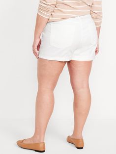 button front belt loops zip fly front scoop pockets back patch pockets cuffed hem sits at belly button snug hip and thigh sits high on thigh 3" inseam models are approx.  5'9" and wear sizes s (4), l (12), and xl (18) White Mid-rise Shorts With Pockets, White Relaxed Fit High-waisted Shorts, White Stretch Mid-rise Jean Shorts, White 4-way Stretch Shorts, White High-waist Shorts With Button Closure, Back Patch, Patch Pocket, Jean Shorts, Old Navy