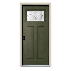 a green door with a glass window on the top and bottom panel, in front of a white wall