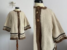 "Vintage 1950s-1960s wool cardigan with three wood buttons. Fits like: medium Bust: up to 39\" Waist: free Sleeve: 3/4 Length: 28.5\" Era: 1950s /1960s Brand/maker: Denmark Fabric content: 100% wool Condition: excellent" Retro Wool Cardigan With Fair Isle Pattern, Vintage Brown Wool Cardigan, Vintage Fall Sweater Coat With Buttons, Vintage Wool Cardigan With Fair Isle Pattern, Vintage Wool Outerwear With Fair Isle Pattern, Vintage Beige Button-up Sweater, Vintage Cream Button-up Sweater, Winter Vintage Buttoned Cardigan, Vintage Brown Sweater With Button Closure