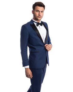 Elevate your formal wear collection with the sophisticated elegance of the Bryan Michaels cobalt blue slim fit tuxedo. Perfect for any upscale occasion, this tuxedo combines modern style with classic tailoring to create a sharp, distinguished look.Jacket Features: • Striking solid cobalt blue color for a vibrant, eye-catching appearance. • Sleek one-button front closure ensures a streamlined silhouette. • Slim fit design tailored to accentuate your body’s natural shape. • Elegant satin peak lapel adds a touch of luxury and distinction. • Single center vent for increased mobility and comfort. • Interior French facing for a smooth, refined finish inside out. • Two satin trim besom front pockets and three interior pockets for convenient storage.Pants Features: • Flat front-tapered design for Classic Tailoring, Slim Fit Tuxedo, Custom Suit, Peak Lapel, Formal Wear, Cobalt Blue, Modern Style, Inside Out, Sleek