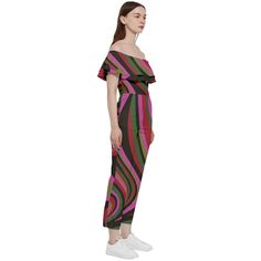 • 70s Style Groovy Jumpsuit Women: Capture the vibrant spirit of the 70s with this stylish and unique jumpsuit.• Off Shoulder Jumpsuit: Features an off shoulder top bodice with double flounce detailing across the chest, adding a touch of retro elegance.• Retro Jumpsuit: Designed with groovy stripe detailing in pink, brown, and green, perfect for disco parties, 70s themed events, or casual spring and summer outings.• Vintage Style Pants Overall: Made from a soft, stretchy, and lightweight fabric Retro Multicolor Jumpsuits And Rompers For Summer, Retro Multicolor Jumpsuits And Rompers For Spring, Multicolor Retro Sleeveless Jumpsuits And Rompers, Retro Summer Jumpsuits And Rompers For Party, Retro Pink Jumpsuits And Rompers For Summer, Retro Pink Summer Jumpsuits And Rompers, Pink Retro Summer Jumpsuits And Rompers, Disco Parties, Jumpsuit Off Shoulder