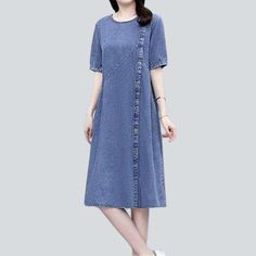 Feel the nostalgia of the '90s with our 2023 Spring-Summer Collection elegant half-sleeve denim dress! Be the trendsetter you're meant to be and embrace the trend renaissance with this stylish and durable piece that will have you radiating confidence and style.Why You'll Love It: 90s Style: Get that vintage-inspired look and make a statement with a classic design. Monochrome: With a sleek. slim fit. this traditional design will never go out of style. Long: With a pull-on closure. this dress is p Casual Summer Dresses With 3/4 Sleeves, Casual Half Sleeve Spring Dresses, Trendy Short Sleeve Denim Dress, Fitted Short Sleeve Denim Dress, Cotton Half Sleeve Spring Dress, Cotton Short Sleeve Dress, Knee-length, Relaxed Fit, Knee-length Cotton Short Sleeve Dress With Relaxed Fit, Spring Cotton Half Sleeve Dress, Spring Cotton Dress With Half Sleeves