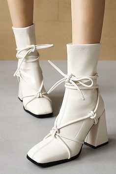 White Square Heel Lace-Up Ankle Boots, aesthetic shoes, thick heel boots Spring Medium Width Lace-up Heeled Boots, Beige High Heel Lace-up Boots For Spring, Trendy Lace-up Boots With Padded Ankle For Spring, Chic Lace-up Spring Boots, Casual Leather Lace-up Boots With Square Toe, Spring High Ankle Faux Leather Booties, Trendy Square Toe Mid-calf Boots For Spring, Trendy Mid-calf Boots With Square Toe For Spring, Elegant High Ankle Lace-up Boots For Spring