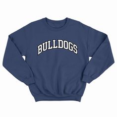 Get ready to show your Bulldog pride with our exclusive collection of Bulldog-themed apparel! Whether you're a student, alumni, or simply a dedicated fan, our Bulldog Mascot Shirt is the perfect way to represent your team spirit. Featuring the iconic Bulldog emblem and bold designs, this shirt is sure to make a statement both on and off the field. Join the pack and rally behind your team with our Bulldogs Team Shirt, designed to showcase your unwavering support for the Bulldogs. With the unmista Cotton Tops With Ribbed Cuffs For Fan Merchandise, Cotton Sweatshirt With Ribbed Cuffs For Fan Gear, Cotton Sweatshirt With Letter Print For Fan Gear, Cotton Logo Print Sweatshirt For Game Day, Cotton Sweatshirt With Logo Print For Game Day, Team-colored Cotton Crew Neck Sweatshirt, College Crew Neck T-shirt With Ribbed Cuffs, Crew Neck T-shirt With Ribbed Cuffs For College, Team-colored Cotton Sweatshirt With Letter Print