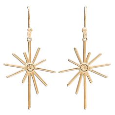 Add a retro modern touch to any outfit with these cute starburst drop earrings from Rain Jewelry. Your ensemble will achieve instant chic status with these asymmetrical gold metal star-shaped earrings with matching gold crystal centers. They make a great gift idea for fans of the mid-century modern aesthetic. | Drop earrings from Rain Jewelry feature gold metal starburst designs with center crystals. | Base metal. | 1.5" L Rain Jewelry, Mid Century Modern Aesthetic, Metal Star, Metal Stars, Gold Crystal, Retro Modern, Metal Earrings, Personalized Accessories, Modern Aesthetic