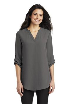 Port Authority ® Ladies 3/4-Sleeve Tunic Blouse. LW701 - STERLING GREY - XXL | Port Authority Women's 3/4-Sleeve Tunic Blouse in Sterling Grey Size 2XL | Polyester Sterling Grey, Roll Sleeves, Port Authority, Long Tunic, Tunic Blouse, Tunic Length, Womens Tunics, To Play, Sleeve Blouse