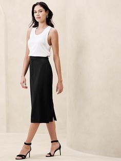 Sculpted Midi Pencil Skirt | Banana Republic Factory Versatile Spring Pencil Skirt, Spring Versatile Pencil Skirt, Elegant Workwear Skirt With Straight Hem, Relaxed Straight Hem Skirt For Work, Versatile Midi Length Workwear Bottoms, Versatile Midi Length Bottoms For Workwear, Flattering Fitted Pencil Skirt For Workwear, Flattering Lined Skirt For Workwear, Straight Hem Skirt For Work