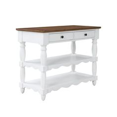 a white wooden table with two drawers on one side and an open shelf on the other