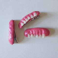 Handmade funky teeth hairclips! These creepy hairclips are all hand sculpted out of polymer clay with premade acrylic teeth embedded in them for that gummy smile look.  These hairclips have a line of bottom incisors. I make all of these by hand so each pair is unique just like our own smiles! Tooth Hair Clip, Cute Hair Pins, Clay Hair Clips, Weird Hair, Gummy Smile, Birthday List, Crazy Hair, Barrette Clip, Barrettes