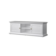 a white entertainment center with two doors and drawers on the bottom, in front of a white background