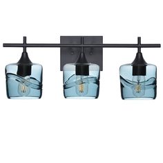 three light bathroom fixture with glass shades and black metal fixtures, on an isolated white background