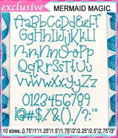 the mermaid magic font and numbers are in blue on white paper with polka dot trimmings