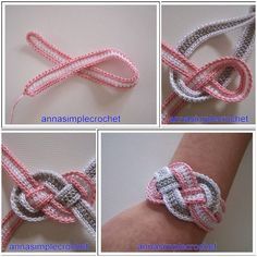 four pictures showing how to make an origami bracelet