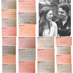 a couple holding each other's hand while standing next to each other with writing on them