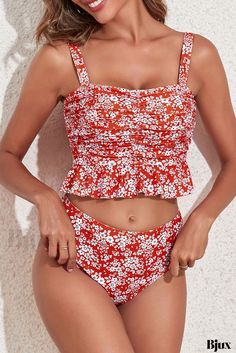 Bjux - Traje de baño de 2 piezas con estampado floral y adornos de volantes y delicado diseño Fitted Ruffled Tankini For Summer, Fitted Ruffle Tankini For The Beach, Summer Ruffled Tankini For Pool, Fitted Ruffles Tankini For Beach, Red Printed Tankini For Summer, Summer Ruffled Tankini For Sunbathing, Red Tankini For Spring Vacation, Red Tankini For Vacation In Spring, Summer Stretch Ruffle Tankini