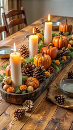 Pumpkins And Pinecones Fall Decorating, Rustic Fall Table Decor, Fall Table Decor Ideas, Pumpkin Table Centerpiece, Fall Table Centerpieces, Tafel Decor, Table Decor Ideas, Fall Thanksgiving Decor, Fall Deco