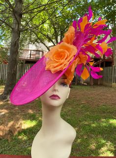 Hot Pink W Orange Sinamay Disc Fascinator Hat With Jumbo Silk | Etsy Pink Curved Brim Top Hat For Church, Pink Flat Brim Hat For Royal Ascot, Pink Flat Brim Mini Hat For Wedding, Pink Flat Brim Fascinator For Spring, Pink High Crown Hat For Kentucky Derby, Fitted Pink Hat For Kentucky Derby, Pink Fitted Hat With High Crown, Pink Flat Brim Hat For Races, Pink High Crown Costume Hat For Party