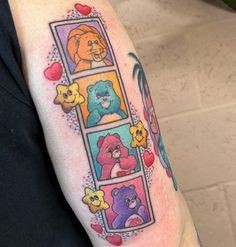 a colorful tattoo on the arm of a woman with bears and hearts around her neck