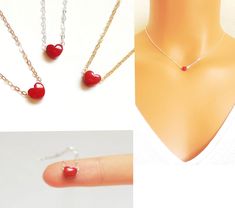 "Simple enough for everyday wear and looks great stacked and layered. Also makes great gifts for bridal parties, birthdays, graduation or any special event! ● Tiny enameled red heart charm --- pendant size: Red heart 1/4\" inch Description * Red charm, brass base metal * Chains and clasps style options are either plated, sterling silver or gold-filled, rose gold-filled * Handmade to order, please allow 1-2 days for us to make your item before shipping Additional letters are available and are an Heart Necklace Gold, Red Heart Necklace, Red Charm, Gift Valentines Day, Jewelry Flower, Bridal Parties, Flower Girl Gifts, Gold Heart Necklace, Leaf Necklace