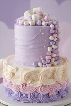 Pastel Lavender Birthday Cake with Marshmallow Topping Whimsical Cake Ideas, Birthday Cake Aesthetic Purple, Lavender Birthday Cake, Purple Birthday Cake Ideas, Purple Birthday Cake, Lavender Birthday, Buttercream Ruffles, Marshmallow Topping