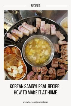 the korean food is prepared and ready to be eaten on the grill with text overlay