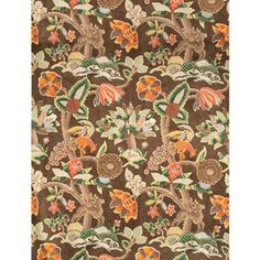 a brown and orange rug with an animal design on the bottom, surrounded by leaves and flowers