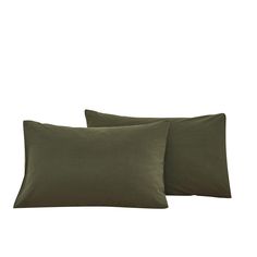 two olive green pillows on a white background