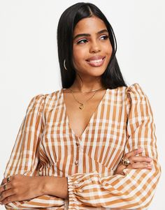 Blouse by & Other Stories Waist-up dressing Check print V-neck Button placket Regular fit Spring Plaid V-neck Blouse, Plaid V-neck Blouse For Fall, Plaid V-neck Blouse For Work, Print Trends, Cotton Viscose, V Neck Blouse, Button Placket, Blouses For Women, Latest Trends