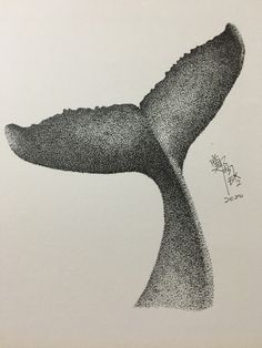 a black and white drawing of a whale's tail in the air with dots on it