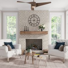 a living room filled with furniture and a fire place in front of a clock mounted on the wall