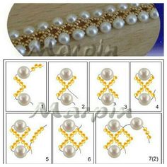 the instructions for how to make pearl beaded bracelets with pearls and gold beads