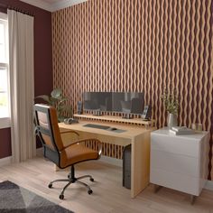 a computer desk sitting in front of a window